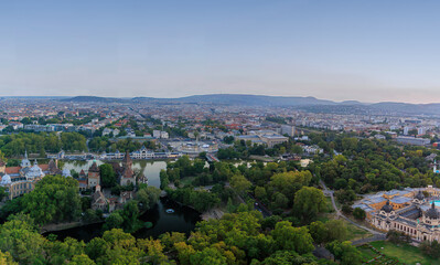 Budapest, Hungary. The Vajdahunyad Castle reflected on the lake. Located in the City Park.