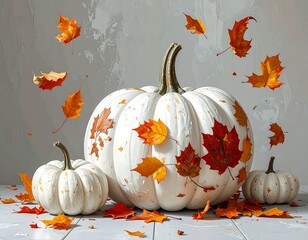 Still-life of white pumpkins with autumn leaves scattered
