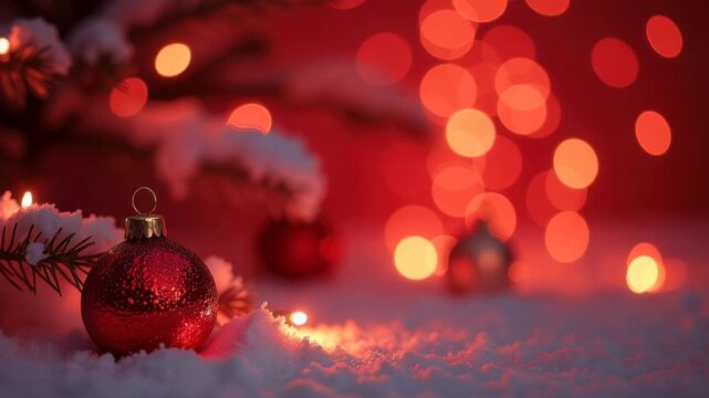 Red Christmas ornament on a snowy pine branch. Festive holiday background with glowing bokeh lights creating a magical atmosphere