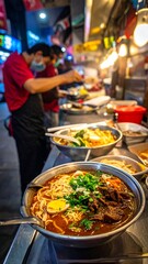Street food stall featuring chefs preparing dishes
