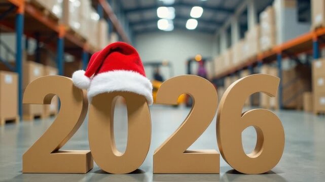 Carton numbers 2026 with a Santa hat on a warehouse floor. A forklift operates in the blurred background among shelves of boxes. New year concept for warehouse