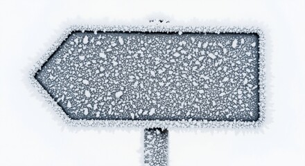 Blank arrow sign covered in winter frost. Frozen directional signpost pointing left on a snowy white background. Cold weather concept with copy space