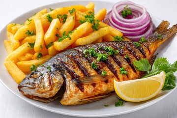 Grilled whole fish with french fries and lemon