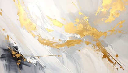 Abstract art White, gray and gold swirling brushstrokes create a textured, ethereal and dynamic composition