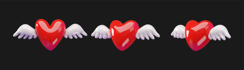 3D vector illustration of a red heart with wings from different angles. Valentine's Day Design Elements