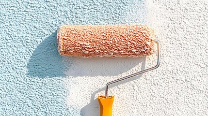 Paint roller is being used to paint a wall. The wall is blue and white. The paint roller is orange and yellow