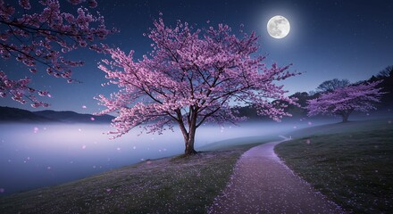 Serene night scene with blooming cherry trees, full moon, and misty lake