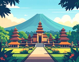 Stylized illustration of temple complex against a vibrant mountain backdrop