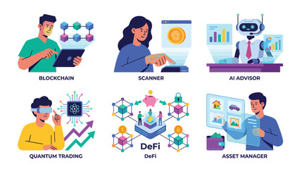 Fototapeta premium Futuristic Technology Concepts Blockchain AI DeFi Quantum Trading VR and Asset Management Digital Innovation Collage