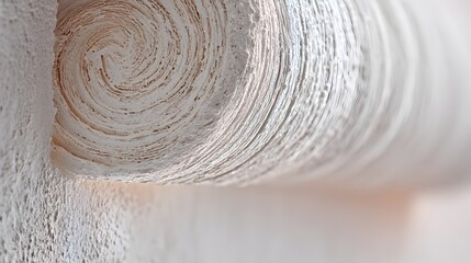 White roll of paper is shown with a spiral pattern. The paper is white and has a rough texture. The spiral pattern is visible on the paper, and it is used for painting or drawing