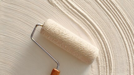 Paint roller is being used to paint a wall. Scene is calm and peaceful, as the painting process is a slow and deliberate one