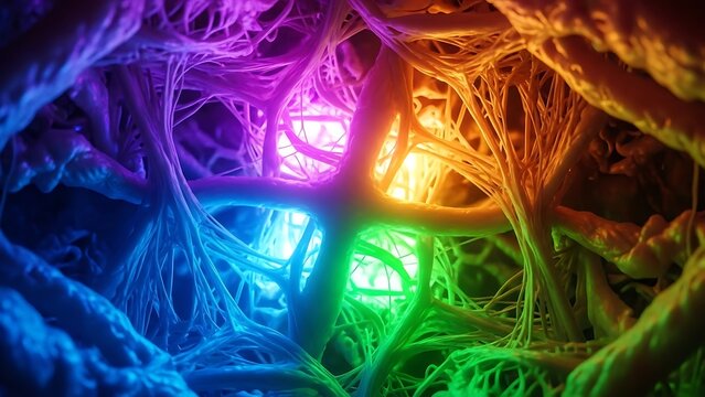 Vibrant Neural Network Illuminating Complex Synaptic Connections within a Microscopic Biological System - Powered by Adobe