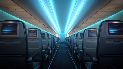 Empty aircraft interior with rows of blue illuminated seats and in-flight entertainment screens. Modern airplane cabin for travel concept.