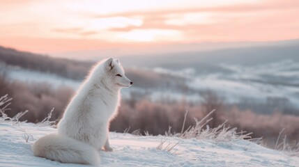 Naklejka premium Arctic fox sitting on snow-covered hill with a beautiful pastel color sunset in the background. Wildlife in natural environment.