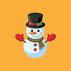Cheerful Snowman in Top Hat with Scarf on Orange Background – Cute Christmas Illustration