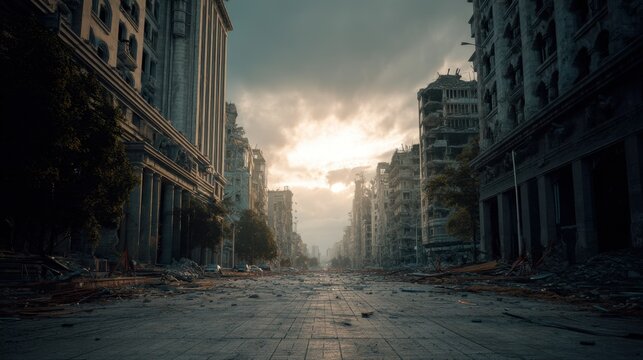Destroyed city street after disaster. Post apocalyptic urban landscape. War aftermath, devastation and ruin concept.