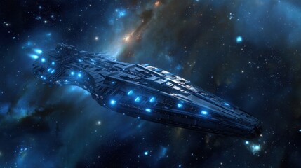 Futuristic spaceship cruising through deep space among stars and nebulae. Concept of space exploration, science fiction, and cosmic travel.