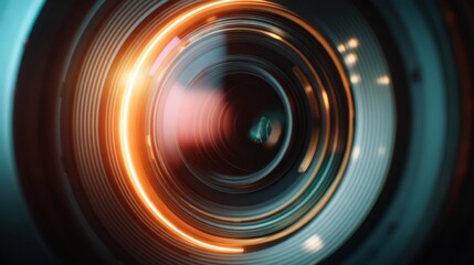 Close-up of professional camera lens with glowing orange light. Modern technology for photography and videography production. Motion blur effect for visual design.