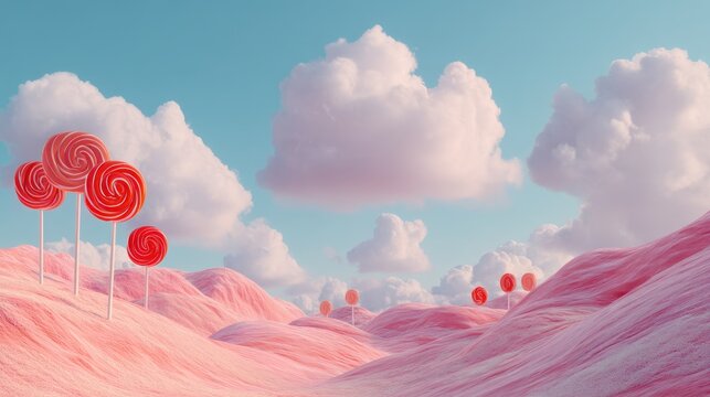 Pink candy land with red swirl lollipops and fluffy clouds in a fantastical dreamscape setting. Sweet sugary fantasy world for childrens books and whimsical themes.