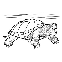 A black and white line art illustration of a swimming turtle with its mouth open
