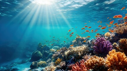 Fototapeta premium Underwater coral reef with vibrant fish and sunrays. Marine ecosystem and ocean habitat for nature conservation and adventure travel.