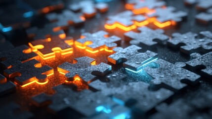 Glowing puzzle piece background with illuminated parts for problem solving, strategy, connection, business solution and teamwork.