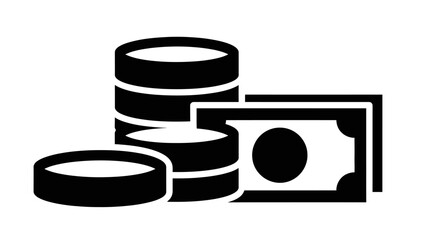 Black and white icon depicting stacks of coins and banknotes, symbolizing money, finance, and wealth.