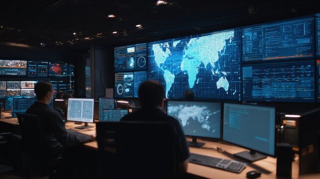 Man is working in dark monitoring room. Male operator on computer at control center with a large digital screen with world map. Global network cybersecurity concept.