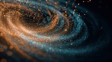 Abstract swirl of orange and blue glowing particles in dark space. Digital data stream and energy flow background for modern design.