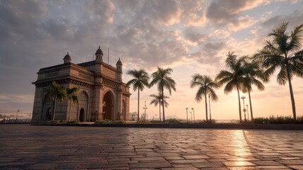 Naklejka premium Gateway of India in Mumbai at sunrise, with palm tree silhouette and orange sky. Historic landmark for travel and tourism.