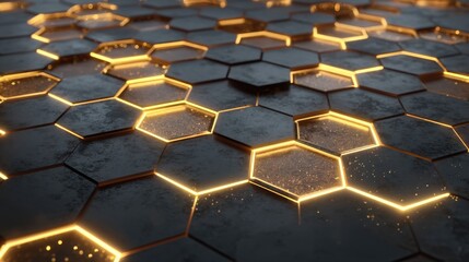 Hexagonal grid pattern with glowing golden energy lines and dark textured surface. Technology digital background for modern design concepts.