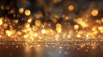 Golden glitter bokeh background with sparkling light. Festive abstract backdrop for holiday promotion, celebration, greeting card or special event.