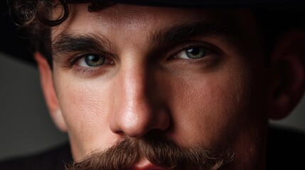 Close up of a mans face with a thick mustache and green eyes. Intense gaze and striking facial hair for character portraits and lifestyle concepts.