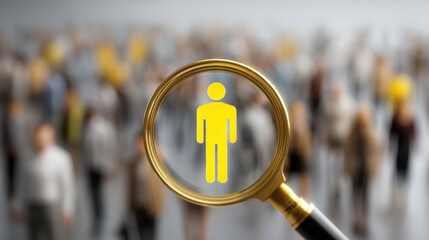 Magnifying glass highlighting a yellow male person icon in a crowd of blurred people. Concept of finding, selecting, and targeting an individual for recruitment or customer focus.