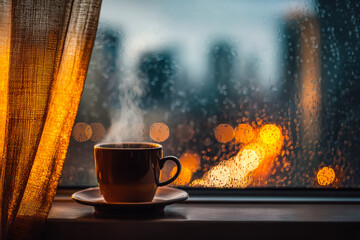 Cozy morning with hot coffee by a rain-streaked window at sunset