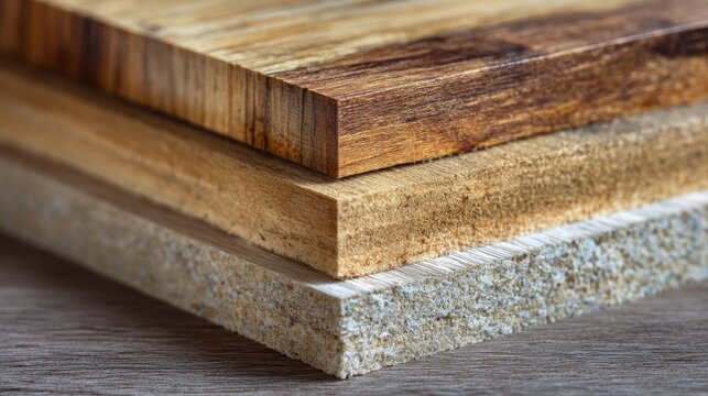 Stack of wood chipboard and fiberboard panels. Building material for construction and renovation. Wood composite material for interior and furniture.