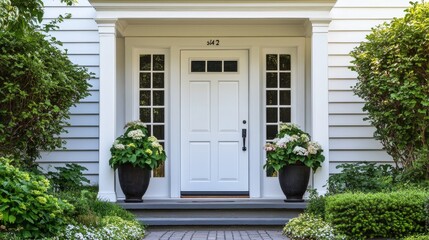 Naklejka premium Chic home facade, Modern exterior featuring vibrant plants and artistic embellishments, Stylish front of residence displaying lively greenery and decorative art elements