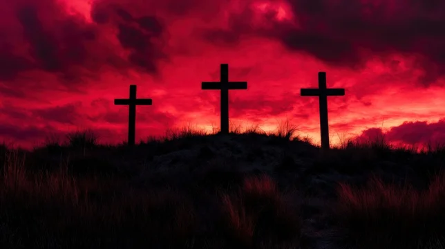 Red Stormy Sky Above Three Calvary Crosses