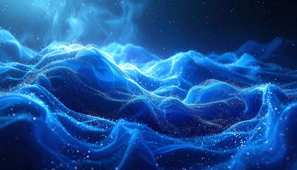 Abstract blue and white digital waves with sparkling particles creating an ethereal, flowing, oceanic aesthetic