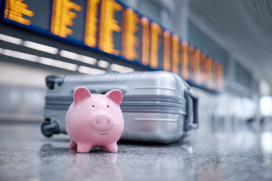 A pink piggy bank placed in front of a silver suitcase in an airport terminal with departure and arrival flight information screens in the background