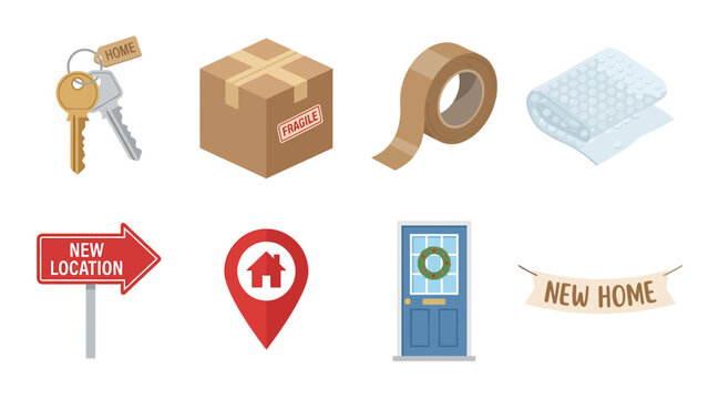 Moving House Icons Set Keys Cardboard Box Tape Bubble Wrap Signpost Map Pin Door Banner Home Relocation and Property Concept