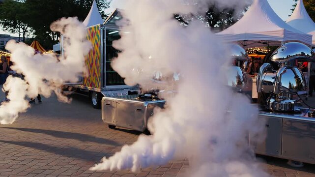 Outdoor food festival event offering a variety of street food and catering options from multiple chafing dishes generating steam, creating an inviting atmosphere for visitors