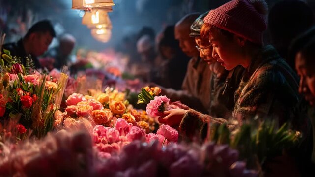 A Vibrant Flower Market Scene Captured: People Engaging with Colorful Blossoms and Sharing Moments Amidst a Warm Glow of Lights Enhancing the Beauty of Nature's Gift