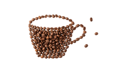 A creative arrangement of roasted coffee beans forming the silhouette of a steaming cup, symbolizing morning freshness and the rich aroma of a perfect brew against a clean white backdrop