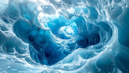 Abstract blue ice cave with spiraling formations leading to a bright light source