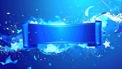 Abstract blue ribbon amid star bursts and confetti over a blue gradient backdrop with white highlights