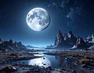 Serene nightscape depicts an enormous glowing moon over a majestic mountainous landscape with river