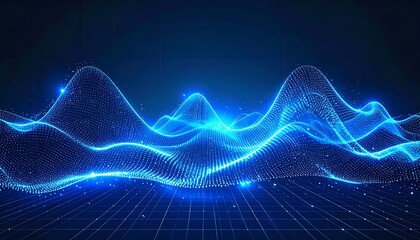 Abstract blue waves rise above a grid-like ground, emitting bright light against a dark background