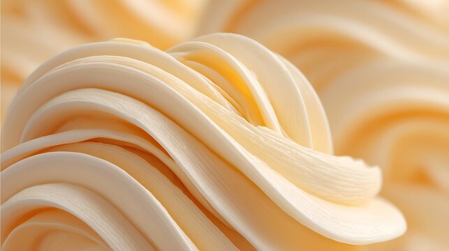 Close up of a white frosting or icing, possibly made from cream cheese. The frosting appears to be in a swirl or wavy pattern, giving it a unique and artistic appearance