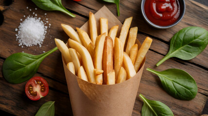 Crispy Golden French Fries in Paper Cone on Wooden Table